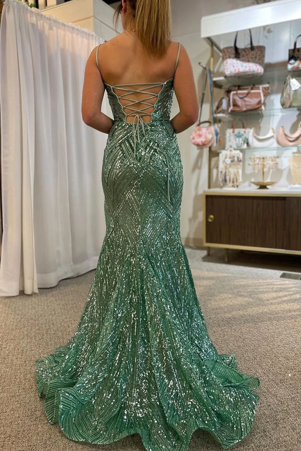Veilure | Green Spaghetti Straps Sequins Mermaid Prom Dress with Slit sold by KissProm product image thumbnail 3