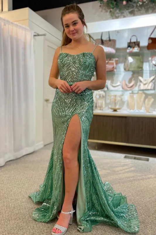 Veilure | Green Spaghetti Straps Sequins Mermaid Prom Dress with Slit sold by KissProm