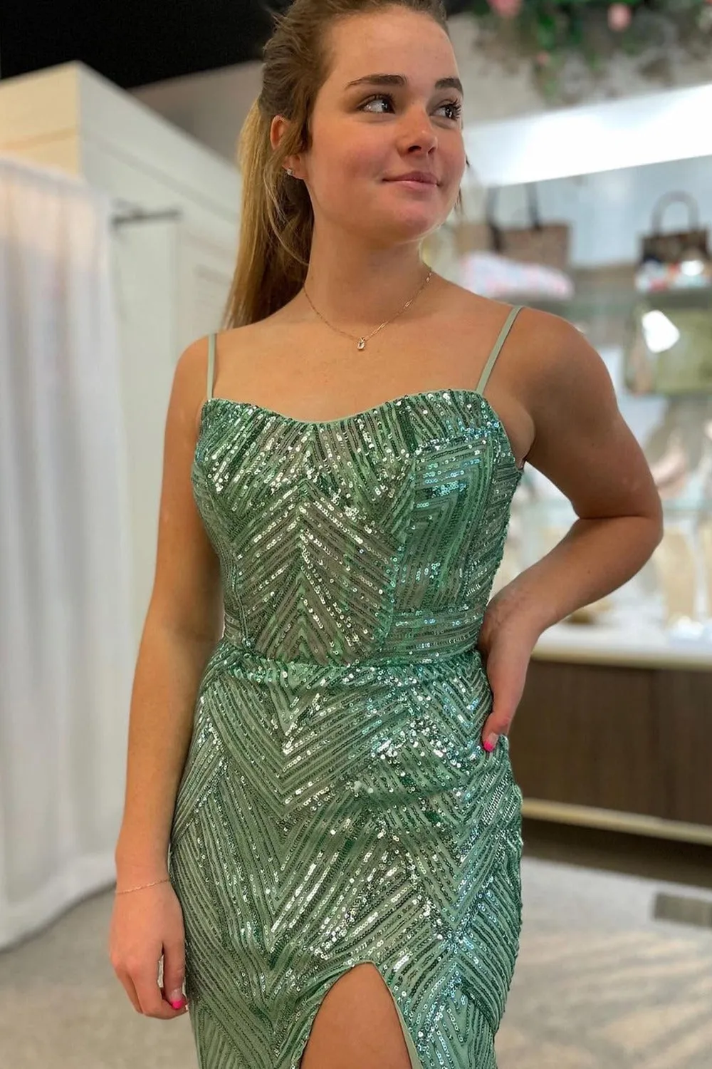 Veilure | Green Spaghetti Straps Sequins Mermaid Prom Dress with Slit sold by KissProm product image thumbnail 2