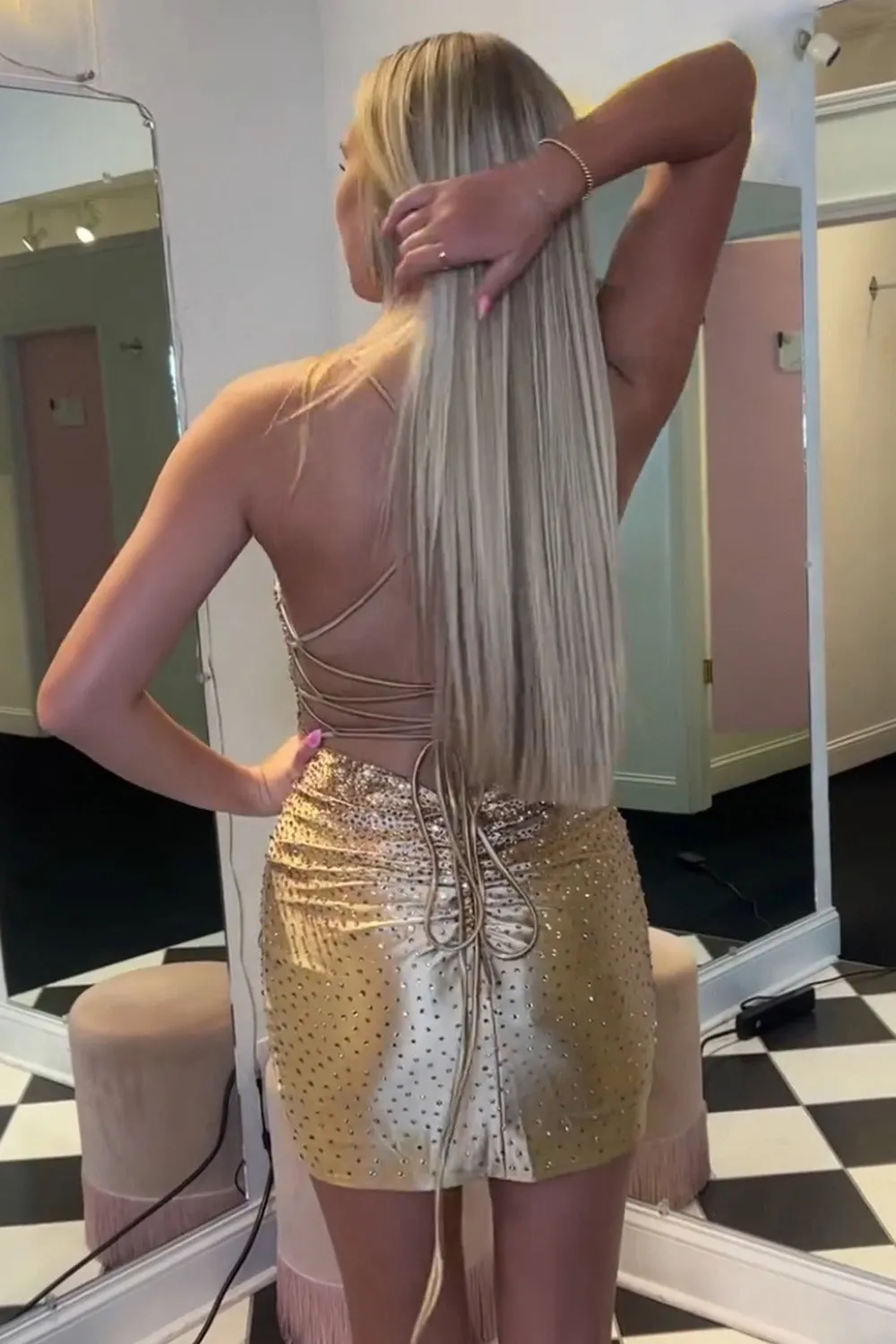 Serenella | Spaghetti Straps Beaded Lace Up Homecoming Dress sold by KissProm product image thumbnail 4