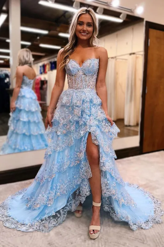 Garnet|Light Blue Strapless Ruffle Tiered Long Prom Dress with Slit sold by KissProm