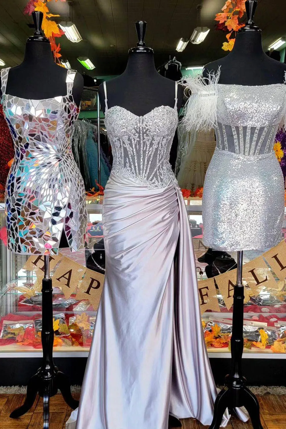 Silver Spaghetti Straps Mermaid Appliqued Prom Dress With Split sold by KissProm product image thumbnail 5