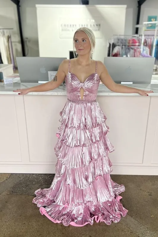 Murray | Sweetheart Spaghetti Straps Tiered A-Line Metallic Prom Dress sold by KissProm