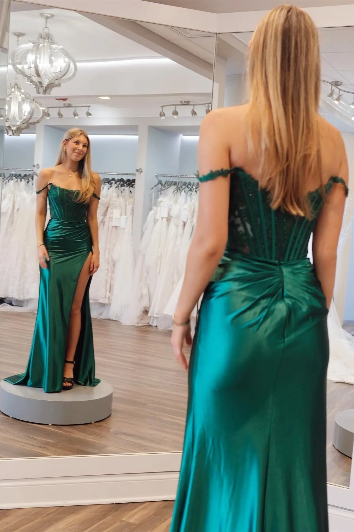 Moonlit | Emerald Satin Off-the-Shoulder Mermaid Long Formal Dress with Slit sold by KissProm product image thumbnail 4