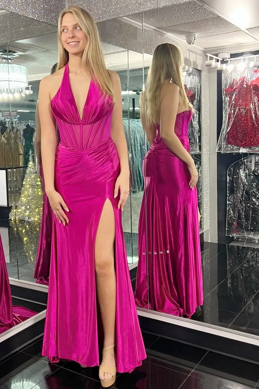 Sybella | Mermaid Magenta Halter Sheer Bodice Pleated Prom Dress with Slit sold by KissProm product image thumbnail 4