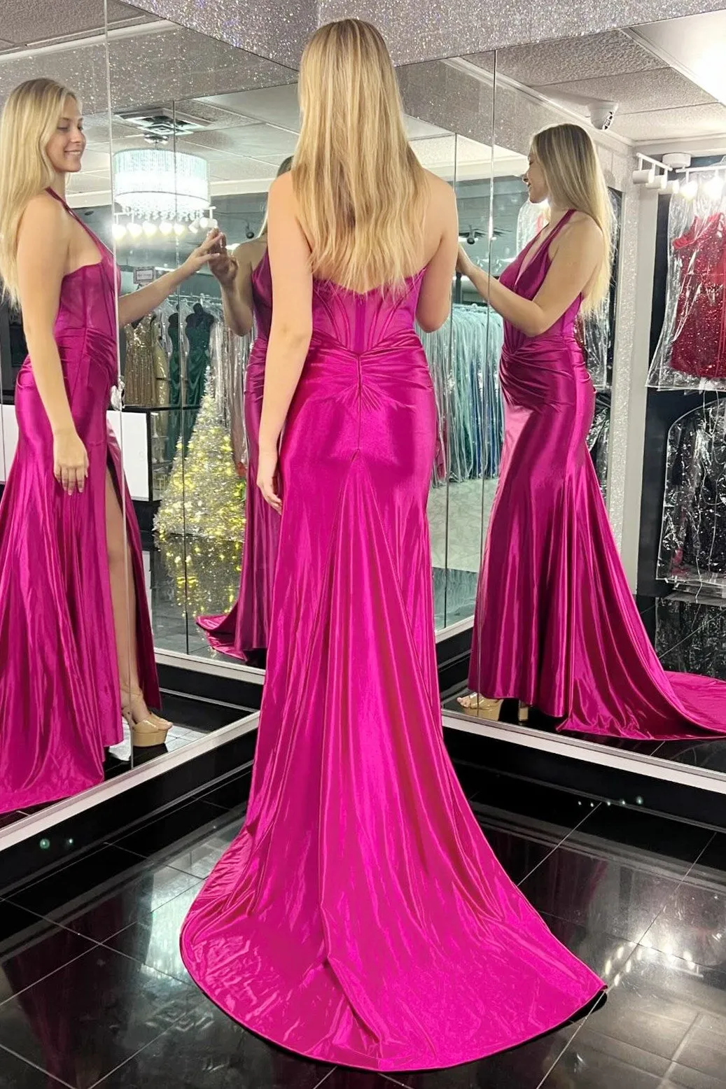Sybella | Mermaid Magenta Halter Sheer Bodice Pleated Prom Dress with Slit sold by KissProm product image thumbnail 2