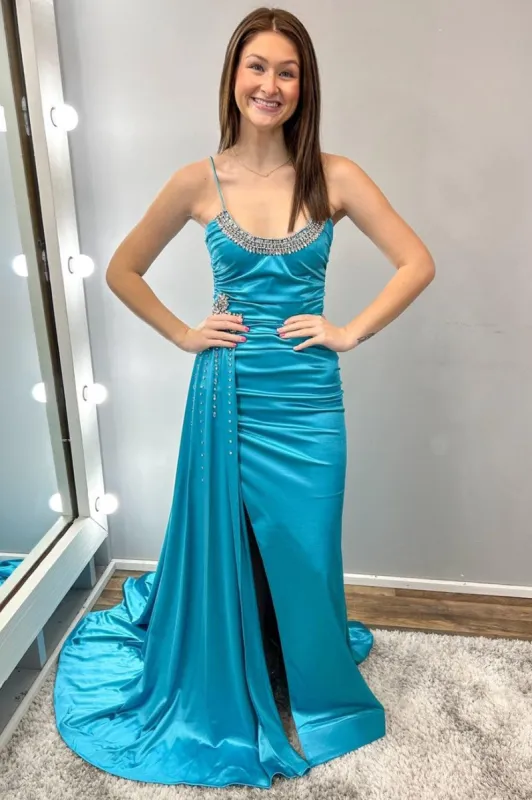 Earl | Teal Beaded Spaghetti Strap Long Gown with Attached Train sold by KissProm