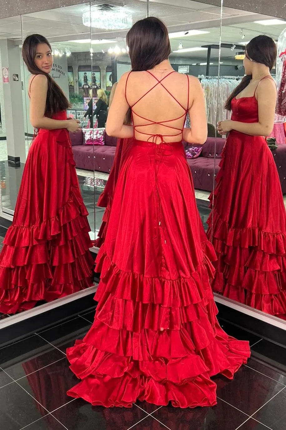 Aldrich | Scoop Neck A Line Lace-Up Ruffle Tiered Red Prom Dress with Slit sold by KissProm product image thumbnail 2