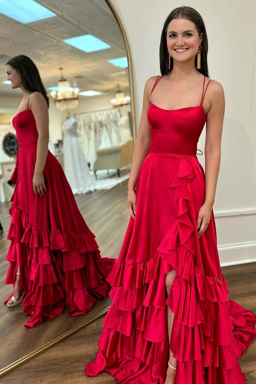 Aldrich | Scoop Neck A Line Lace-Up Ruffle Tiered Red Prom Dress with Slit sold by KissProm product image thumbnail 3