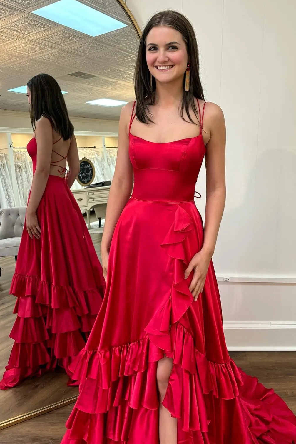 Aldrich | Scoop Neck A Line Lace-Up Ruffle Tiered Red Prom Dress with Slit sold by KissProm product image thumbnail 4