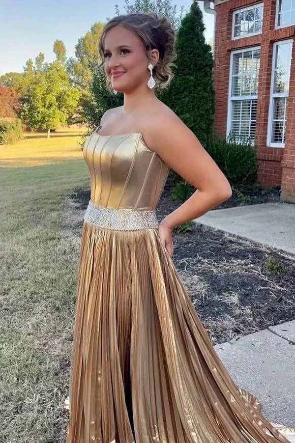 Touild | Metallic Gold Strapless Beaded Prom Dress with Slit sold by KissProm product image thumbnail 2