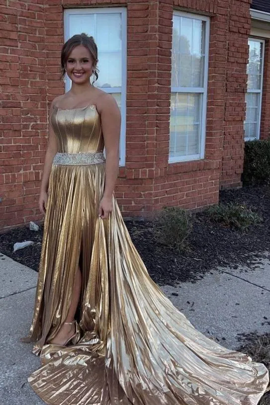 Touild | Metallic Gold Strapless Beaded Prom Dress with Slit sold by KissProm