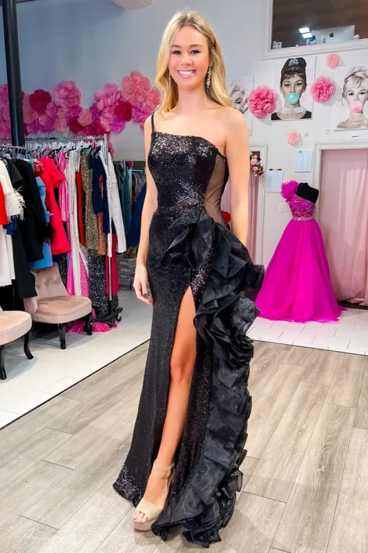 Nirvana | Black Sequin Mesh One-Shoulder Ruffle Long Formal Dress with Slit sold by KissProm