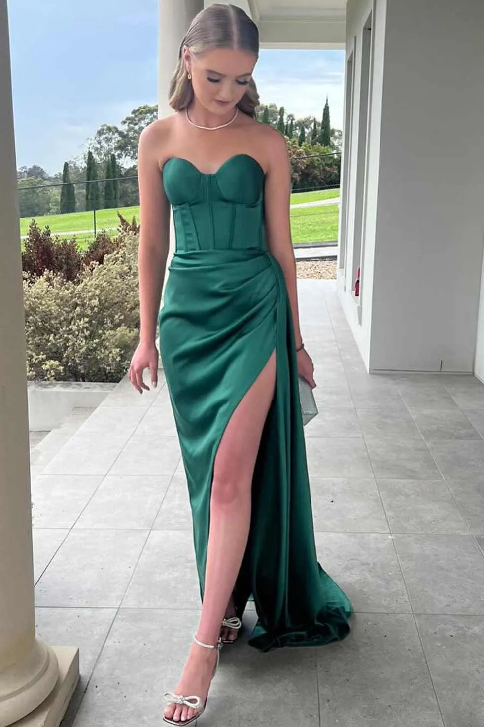 Mermaid Strapless Sweetheart Pleated High Slit Satin Long Prom Dress sold by KissProm product image thumbnail 3