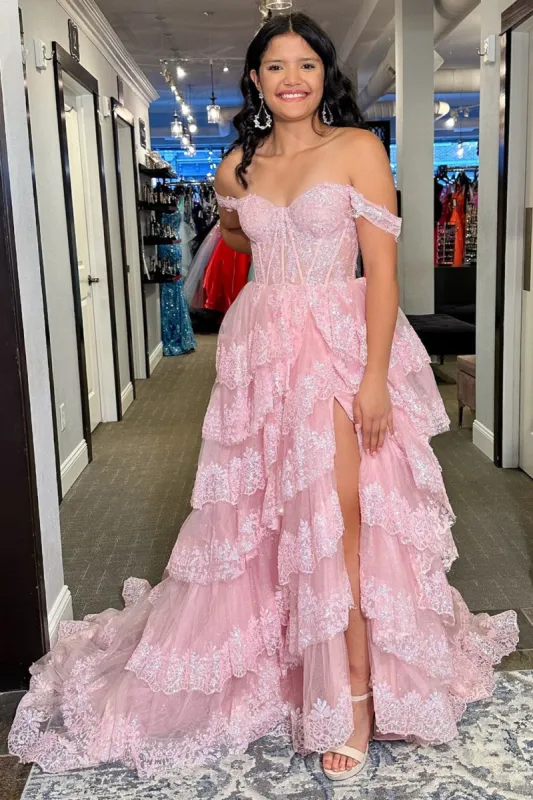 Ceryn | Pink Sequin Appliques Off-the-Shoulder Ruffle Tiered Long Gown sold by KissProm