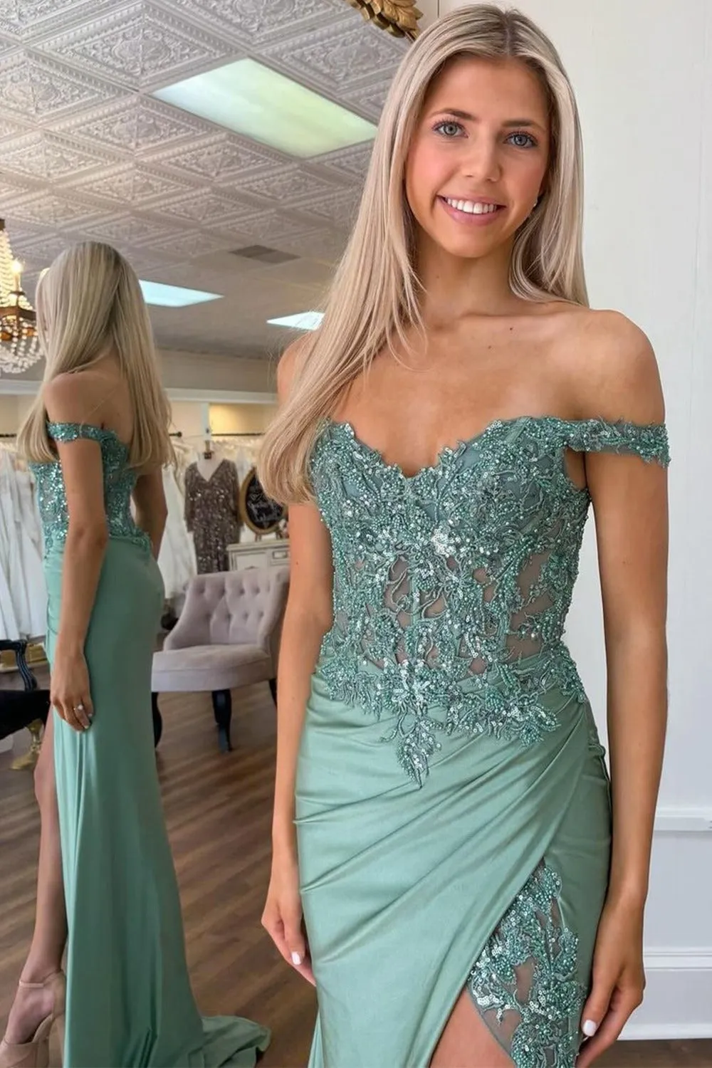 Modesty | Green Off The Shoulder Appliqued Mermaid Prom Dress With Split sold by KissProm product image thumbnail 2