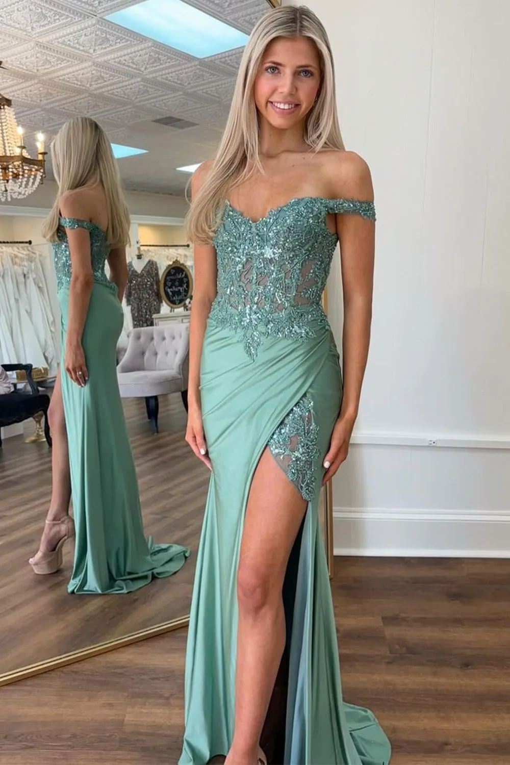 Modesty | Green Off The Shoulder Appliqued Mermaid Prom Dress With Split sold by KissProm