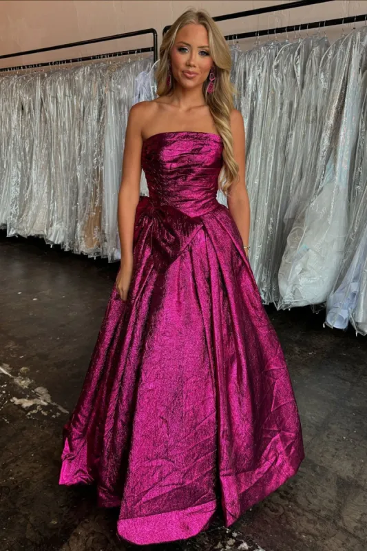 Heloise | Fuchsia Strapless A-Line Long Prom Dress With Bow sold by KissProm