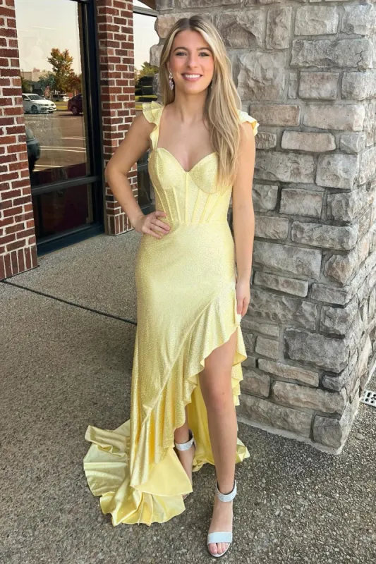 Phyllis | Mermaid Yellow Spaghetti Straps Satin Beaded Long Prom Dress sold by KissProm