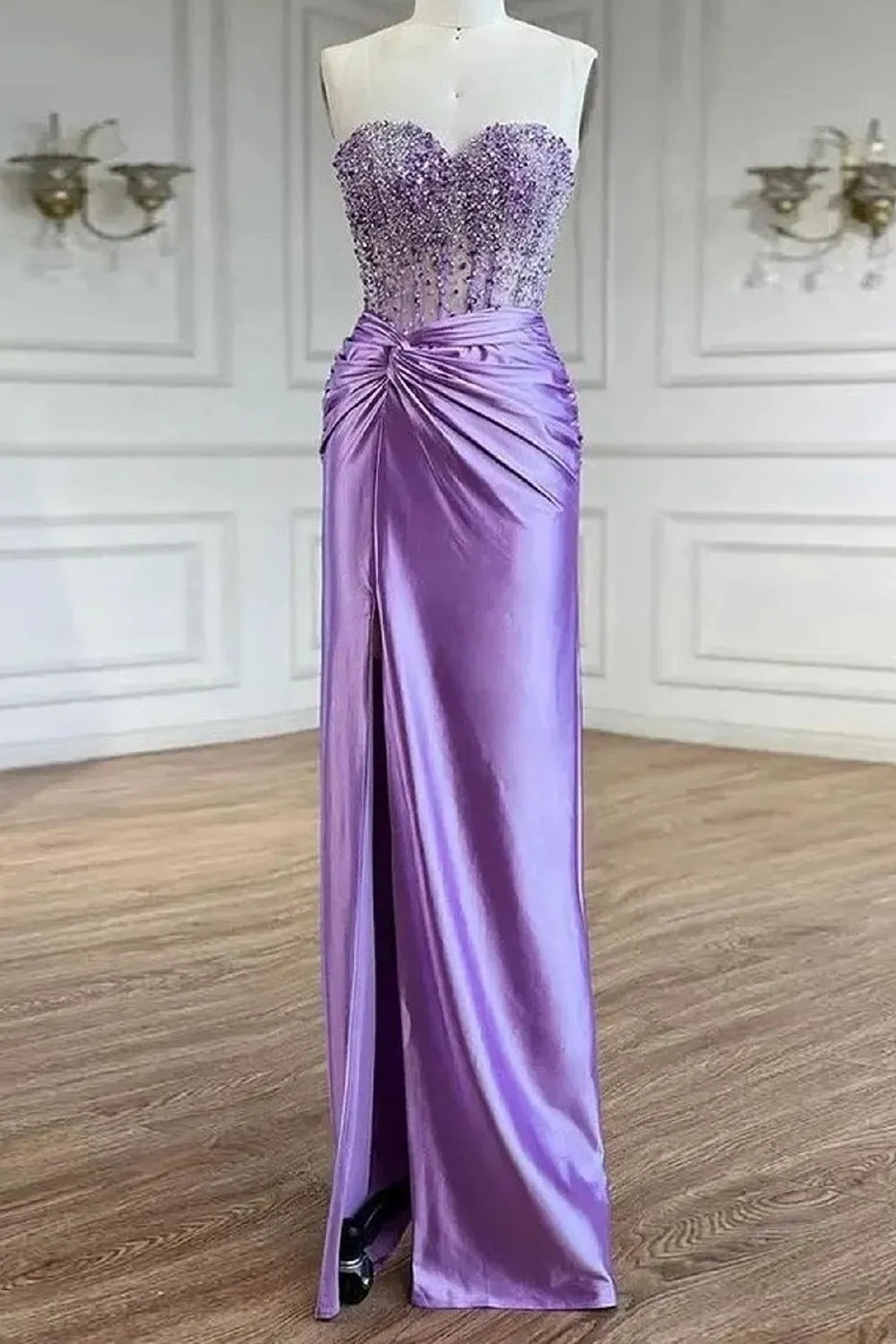 Eirene | Purple Sweetheart Mermaid Satin Long Prom Dress with Beading sold by KissProm