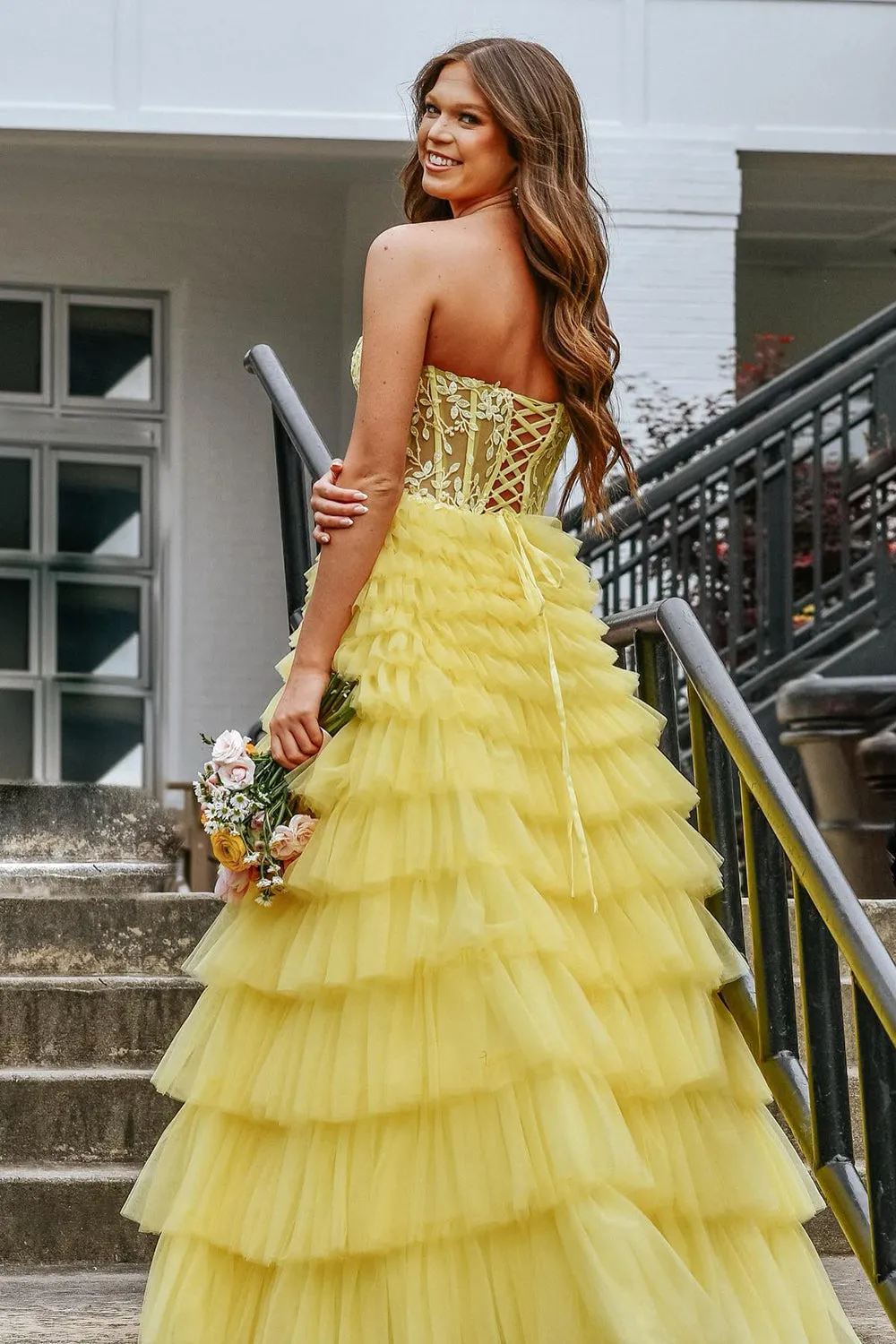 Yellow Sweetheart A Line Tiered Tulle Long Prom Dress sold by KissProm product image thumbnail 2