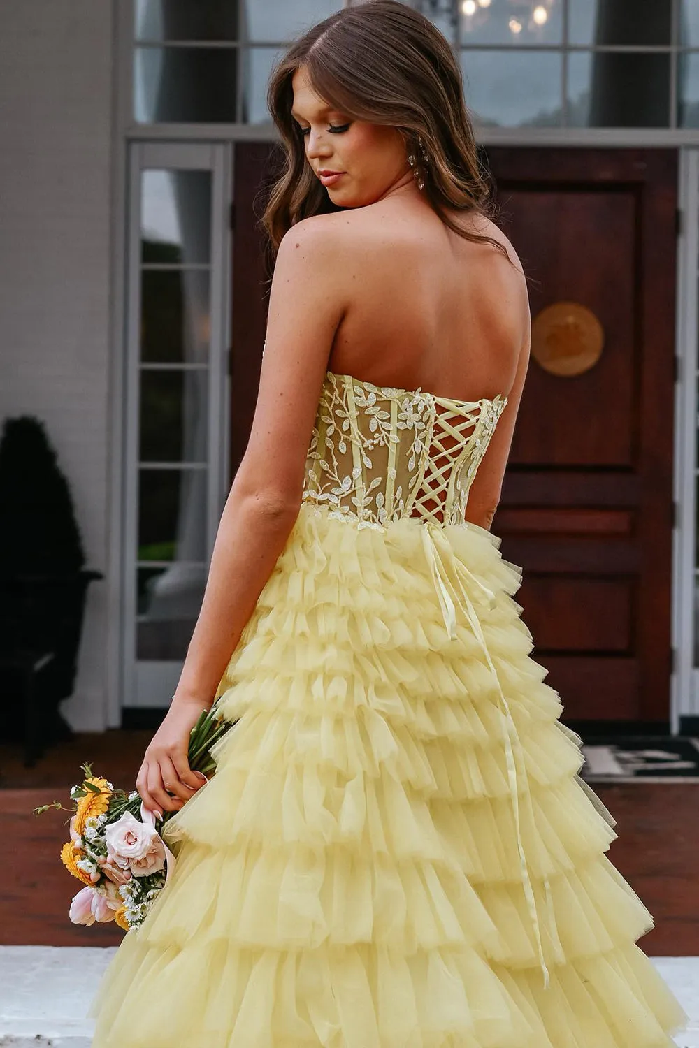 Yellow Sweetheart A Line Tiered Tulle Long Prom Dress sold by KissProm product image thumbnail 3