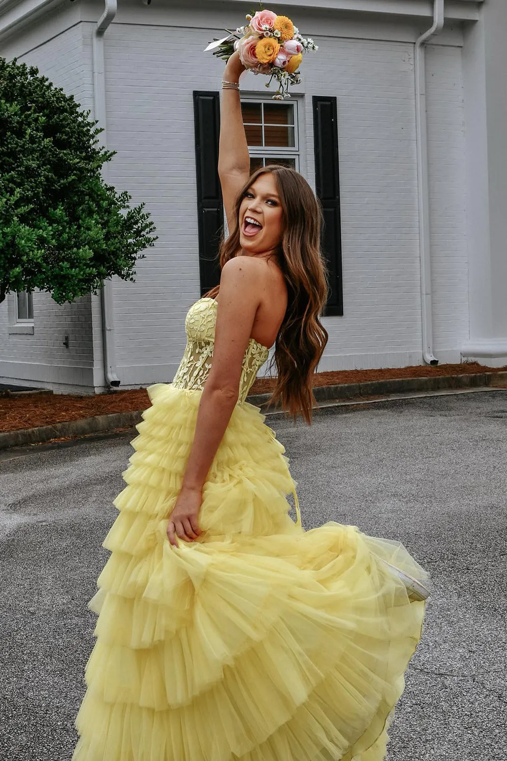 Yellow Sweetheart A Line Tiered Tulle Long Prom Dress sold by KissProm product image thumbnail 4