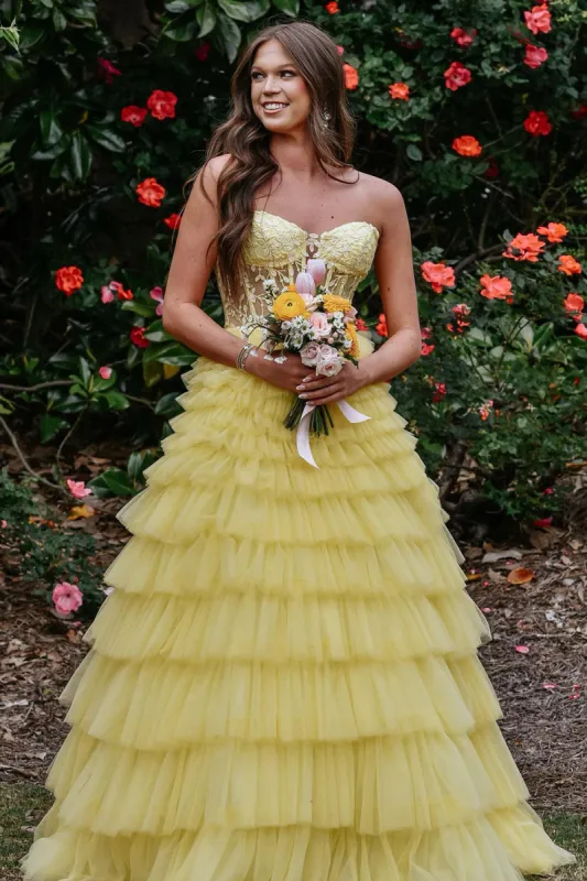 Korrine | Yellow Sweetheart A Line Tiered Tulle Long Prom Dress sold by KissProm