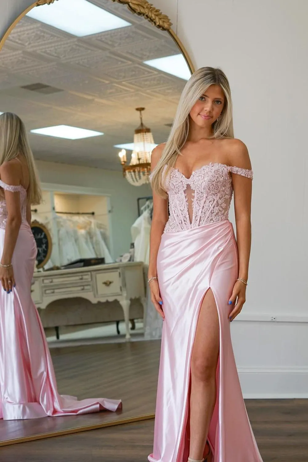 Eseld|Charming Mermaid Sweetheart Pink Satin Long Prom Dresses With Split sold by KissProm product image thumbnail 3