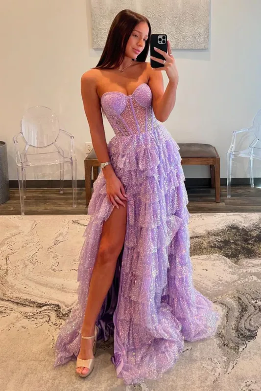 Rosina | Lavender A-Line Sweetheart Sequins Long Prom Dresses With Split sold by KissProm