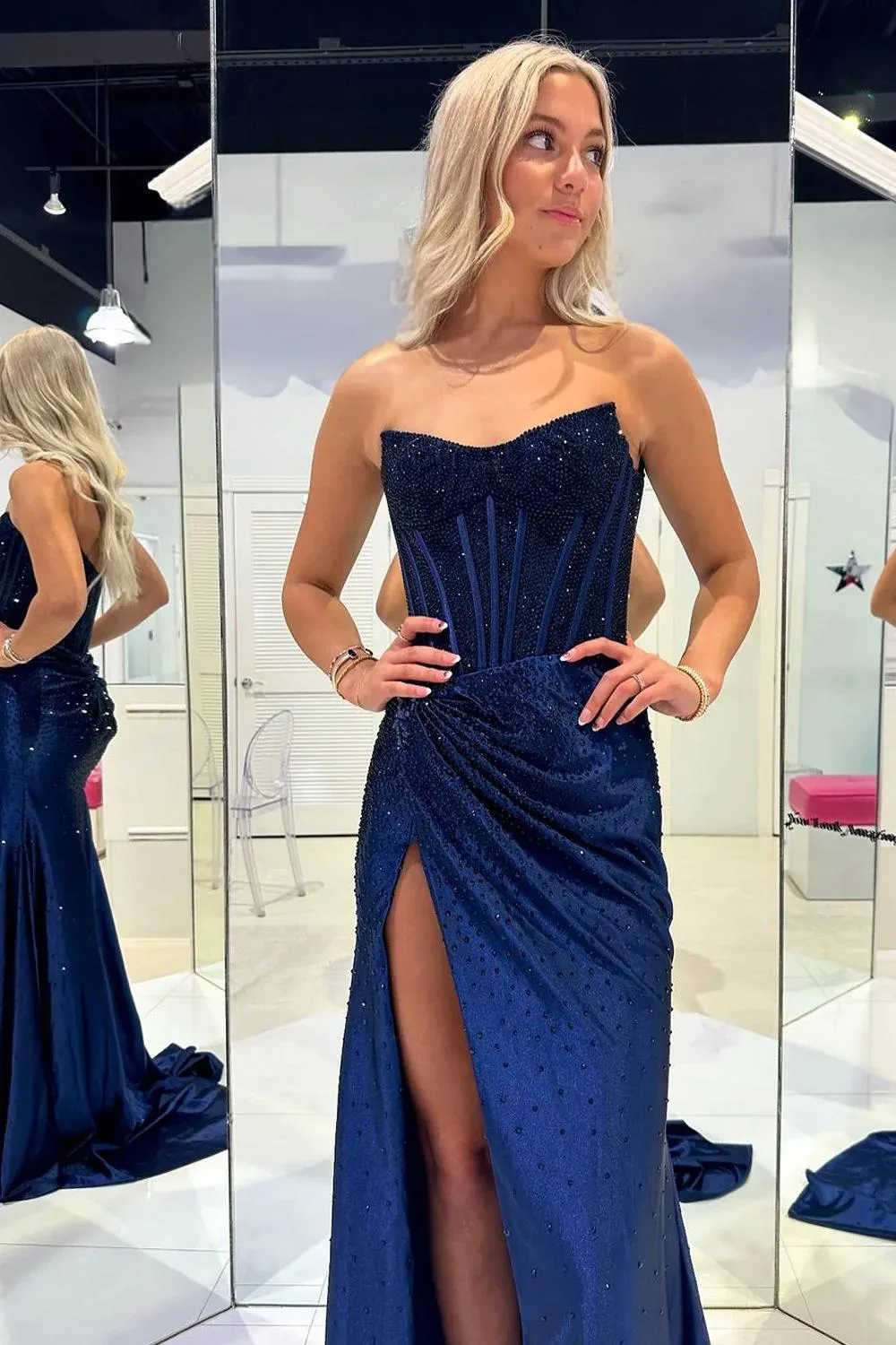 Mermaid Scoop Neck Navy Long Prom Dresses With Beading sold by KissProm product image thumbnail 3