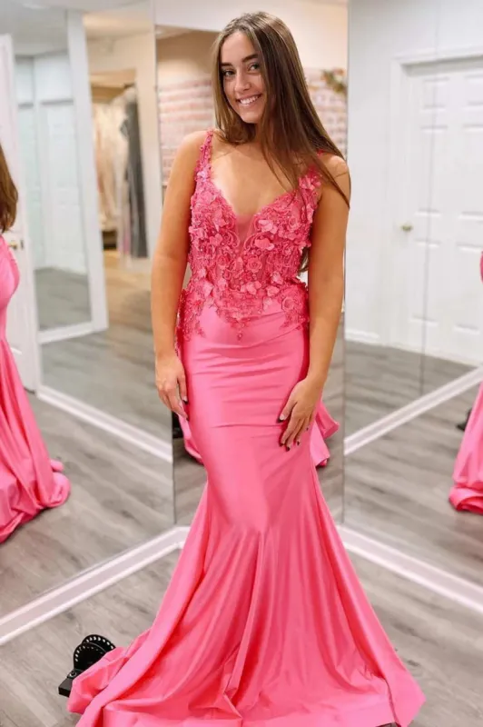 Solsticia | Fuchsia Mermaid V Neck Satin Long Prom Dresses With Appliques sold by KissProm