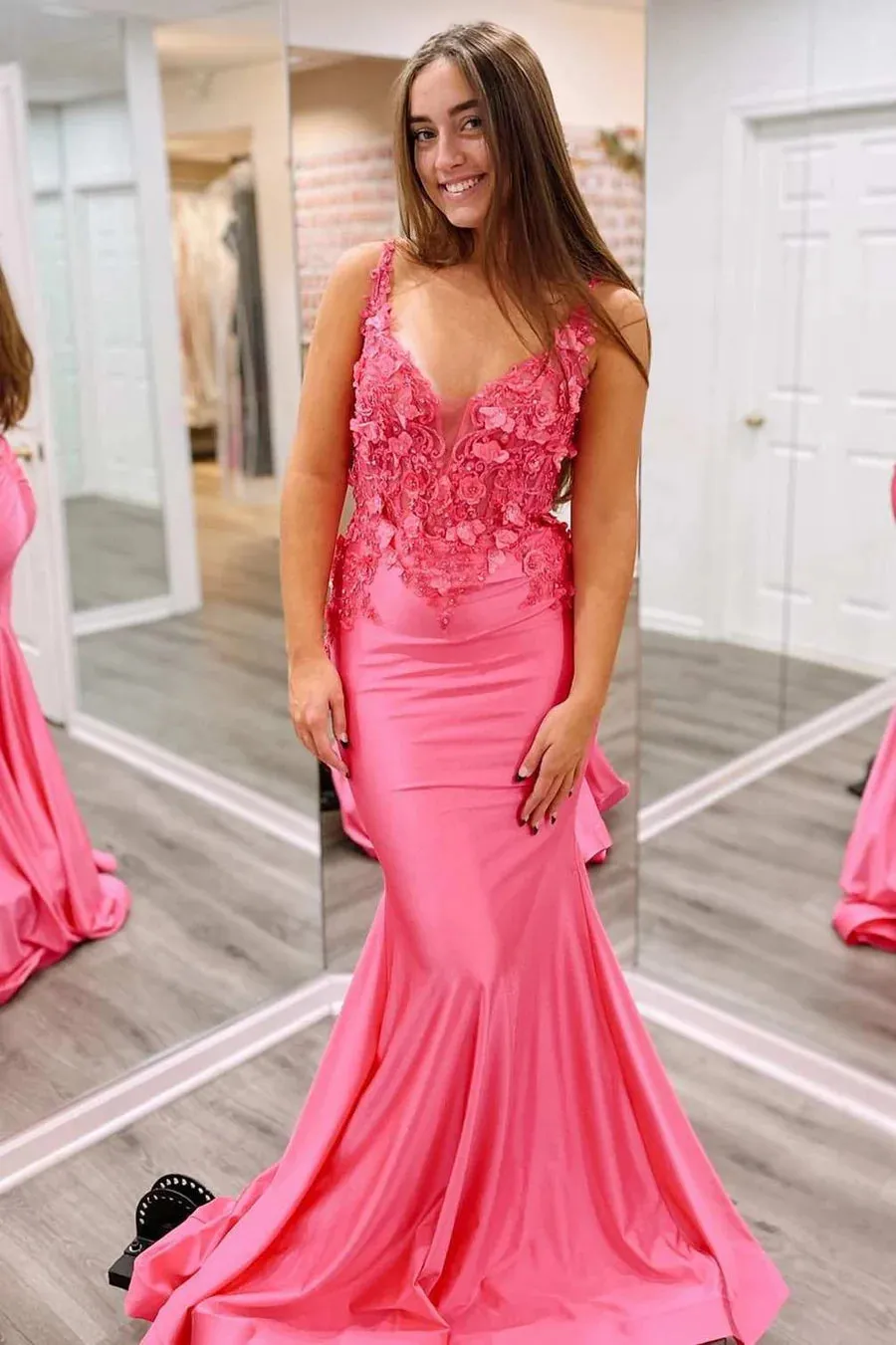 Solsticia | Fuchsia Mermaid V Neck Satin Long Prom Dresses With Appliques sold by KissProm