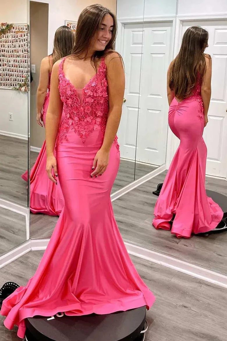 Solsticia | Fuchsia Mermaid V Neck Satin Long Prom Dresses With Appliques sold by KissProm product image thumbnail 2