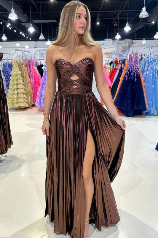 Skye | Brown A Line Sweetheart Metallic Long Prom Dresses With Split sold by KissProm