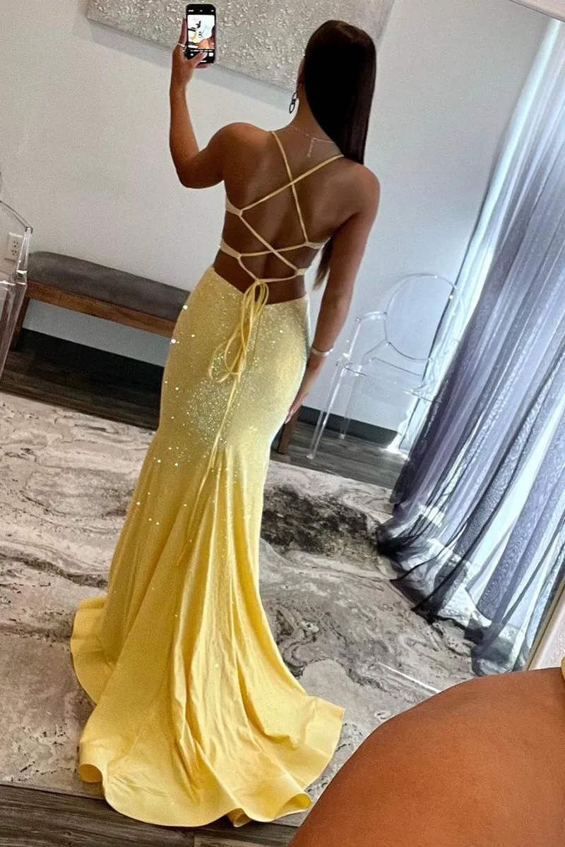 Glint | Sparkly Mermaid V Neck Yellow Sequins Long Prom Dresses sold by KissProm product image thumbnail 2