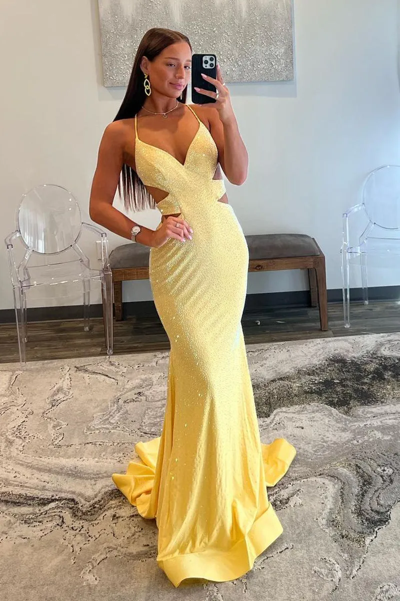 Glint | Sparkly Mermaid V Neck Yellow Sequins Long Prom Dresses sold by KissProm