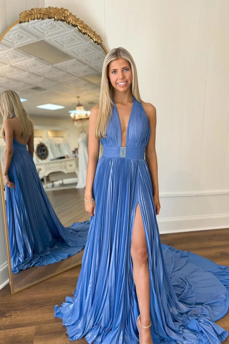 Idelisa | A-Line Halter Backless Pleated Blue Chiffon Long Prom Dresses sold by KissProm