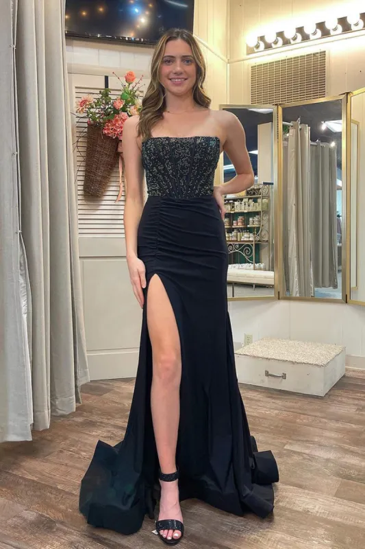 Chime| White Mermaid Strapless Satin Long Prom Dresses With Beading sold by KissProm
