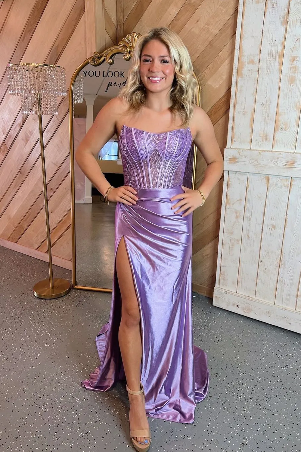 Delfina | Lilac Strapless Satin Sheath Long Prom Dresses with Slit sold by KissProm