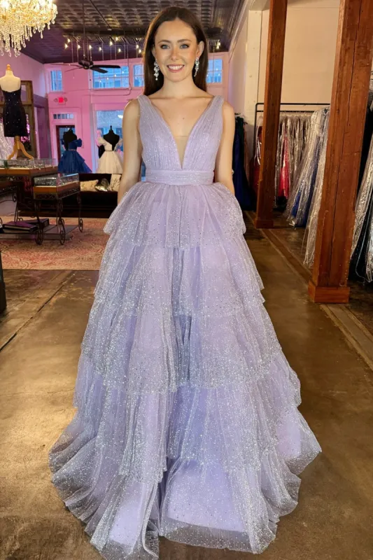 Khloe | Lavender Tulle Sequin V-Neck Ruffle Tiered Long Prom Dress sold by KissProm