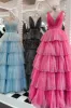 Khloe | Lavender Tulle Sequin V-Neck Ruffle Tiered Long Prom Dress sold by KissProm