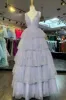 Khloe | Lavender Tulle Sequin V-Neck Ruffle Tiered Long Prom Dress sold by KissProm