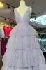 Khloe | Lavender Tulle Sequin V-Neck Ruffle Tiered Long Prom Dress sold by KissProm