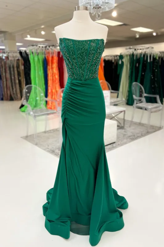 Ovidia|Hunter Green Mermaid Strapless Beaded Pleated Long Prom Dress sold by KissProm