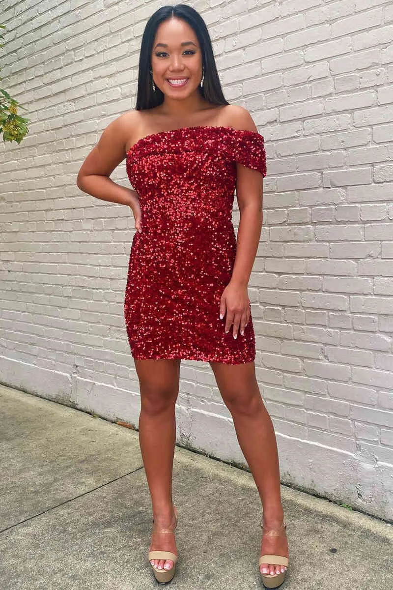 Off the Shoulder Burgundy Sequins Bodycon Mini Party Dresses sold by KissProm product image thumbnail 3