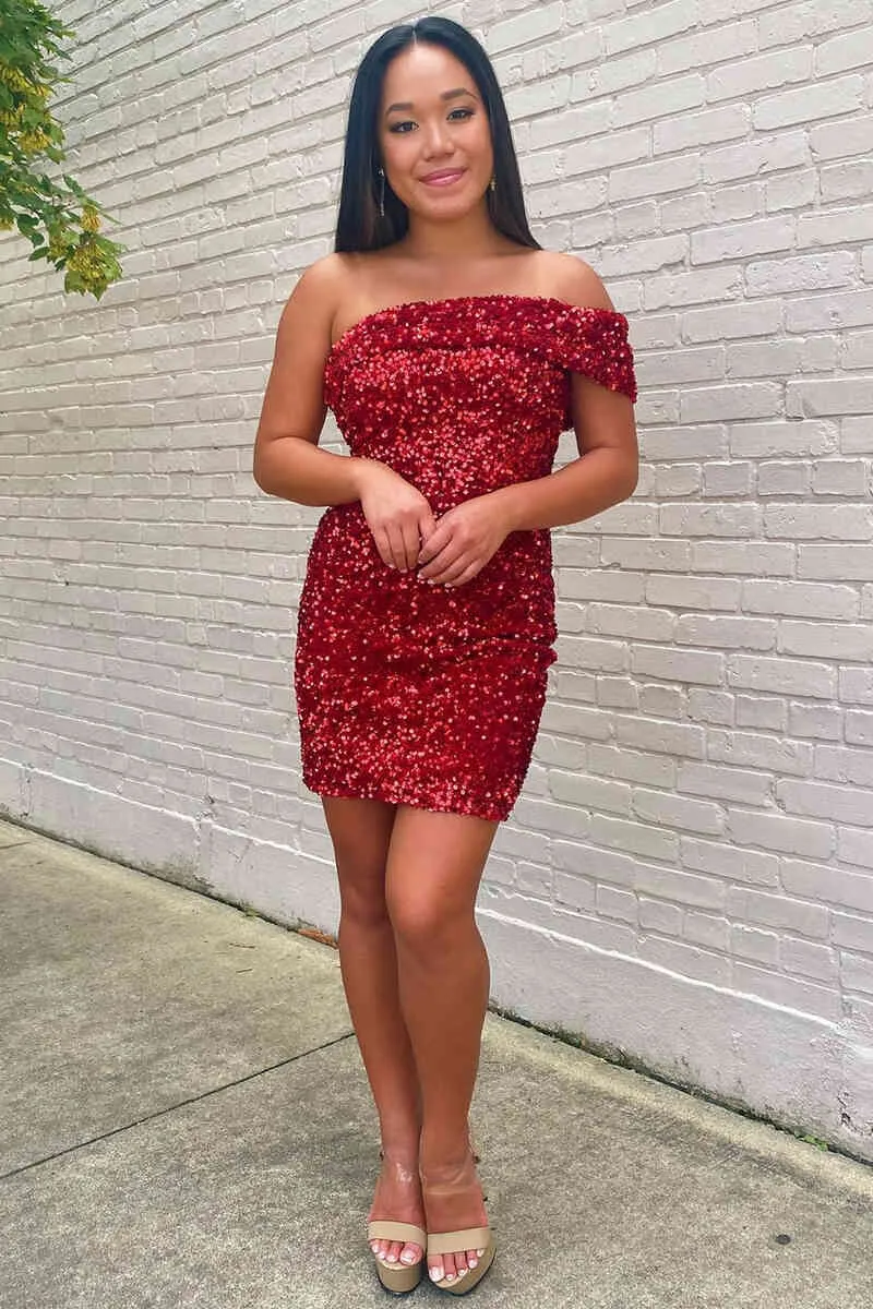 Off the Shoulder Burgundy Sequins Bodycon Mini Party Dresses sold by KissProm