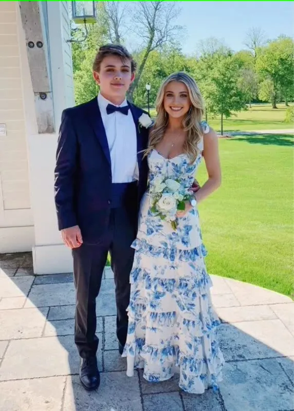 Oaklee|Blue Sweetheart A Line Long Floral Prom Dress sold by KissProm