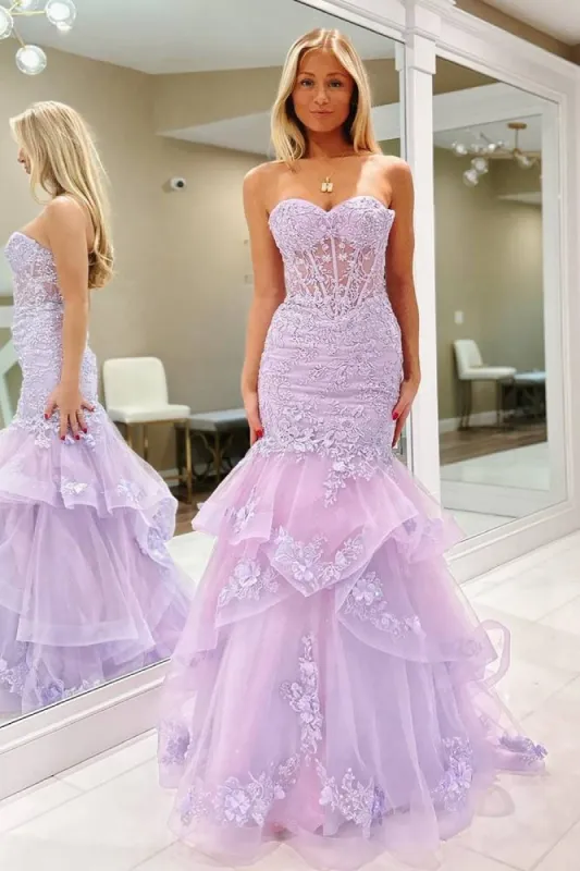 Kita | Lavender Lace Applique Ruffle Beaded Mermaid Prom Dress sold by KissProm