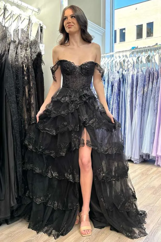 Yaiiua | Black Off the Shoulder Lace Appliques Tiered Prom Dress with Slit sold by KissProm